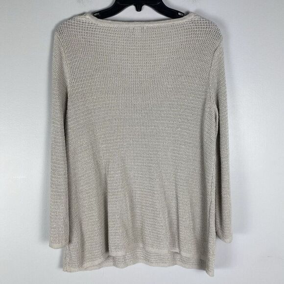 J Jill Crochet Open Knit Top Womens Sz  Medium Linen Blend Oatmeal Beach Coastal - Picture 5 of 6